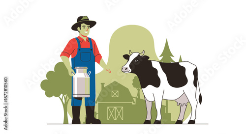 Farmer And Cow Illustration Depicting Rural Life, Dairy Production, And Agricultural Industry