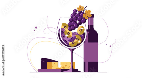 Elegant Still Life Depicting Wine Tasting, Fruit, Cheese and a Sense of Refinement