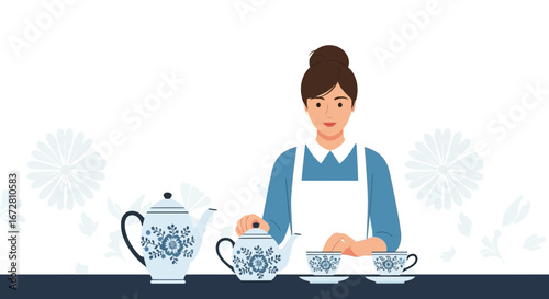 Elegant Tea Service With Woman Pouring Beverage In Tea Cups Illustration