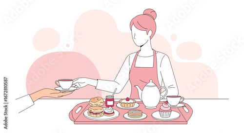 Elegant Tea Time Featuring A Waitress Serving Desserts And Drinks In A Pink-Themed Cafe