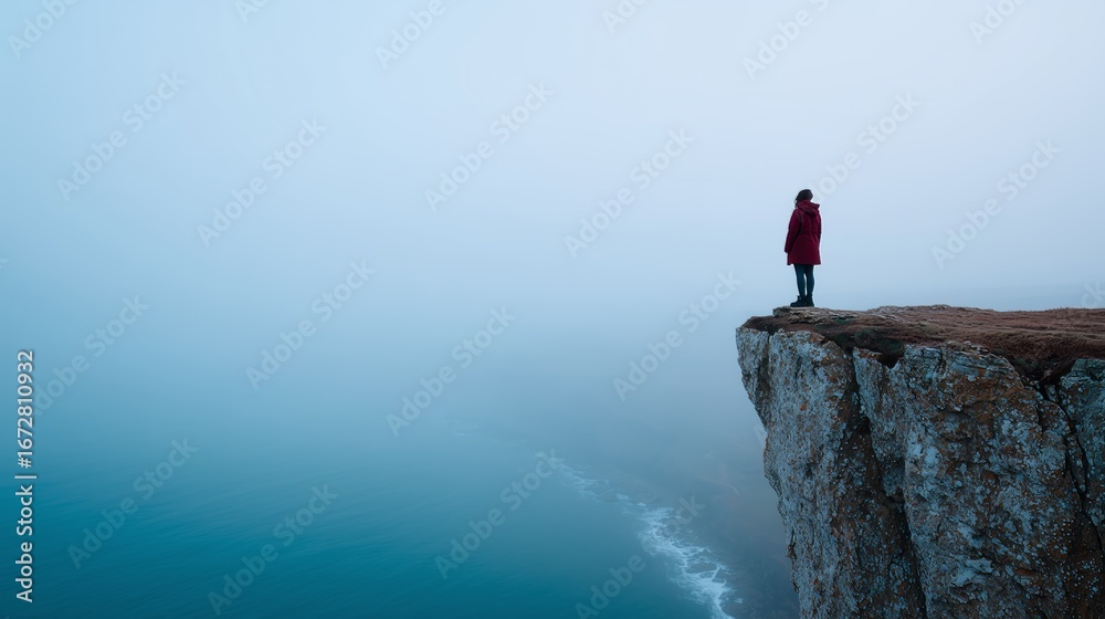 Fototapeta premium A solitary figure in a red coat stands on a sheer cliff edge, overlooking a misty, expansive ocean view.