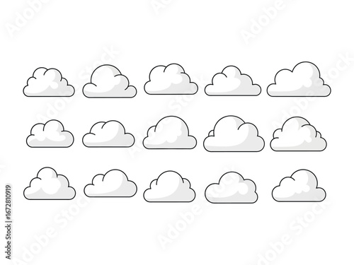 Cloud Cluster Composition: An arrangement of meticulously crafted cloud elements, each with unique shapes and outlines, ready for illustrative use, to be used in various visual contexts.
