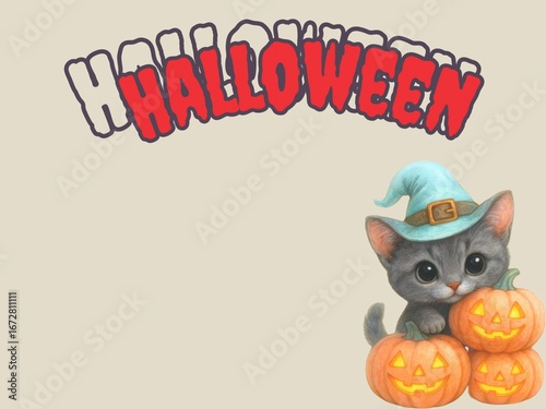 Cute Halloween Greeting Card with Pumpkin, Cat Witch, and Popcorn in Kawaii Illustration Style