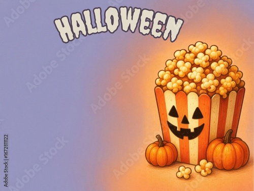 Cute Halloween Greeting Card with Pumpkin, Cat Witch, and Popcorn in Kawaii Illustration Style