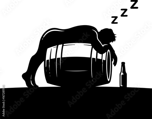 Drunkard asleep on a barrel with a beer bottle