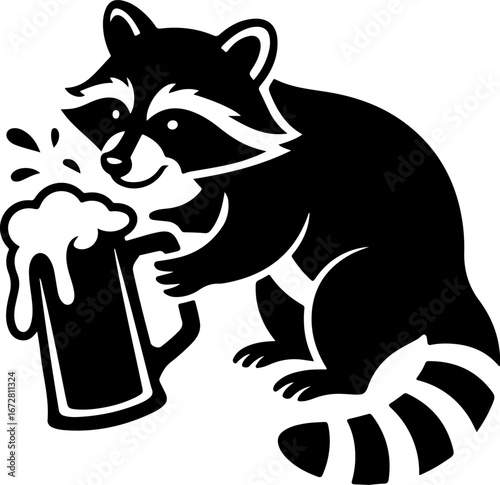 Whimsical black silhouette of a playful raccoon enjoying a frothy mug of refreshing beverage, a charming graphic design perfect for pubs and casual events