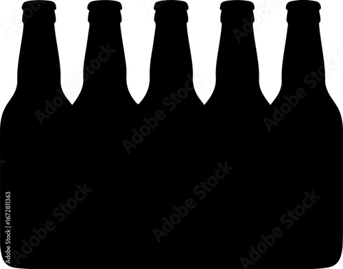 A striking minimalist composition featuring five identical black silhouettes of beverage bottles, perfectly aligned against a clean white background