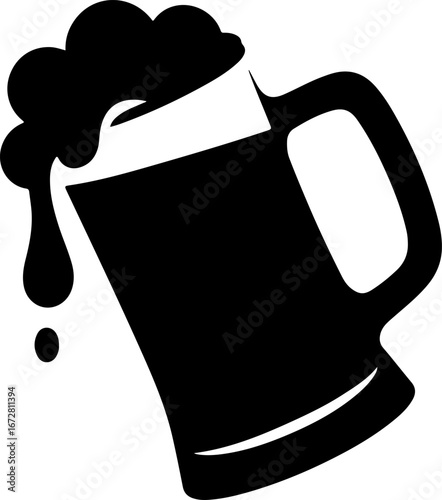 Black silhouette of a tilted beer mug overflowing with a frothy head of foam, isolated on a white background