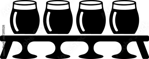 Simple black silhouette icon of a craft beer tasting flight with four sample glasses of stout or ale on a wooden paddle holder