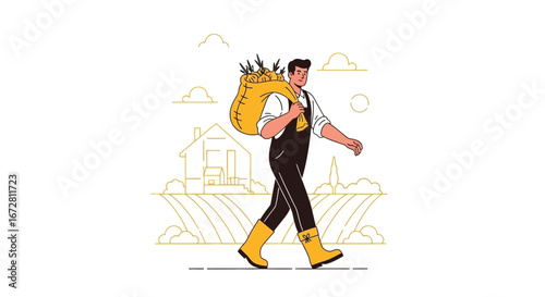 Farmer Carrying Harvested Crop Sack Demonstrates Rural Life And Farming