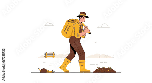 Farmer Carrying Harvested Potatoes from Farmland in Modern Vector Illustration Style