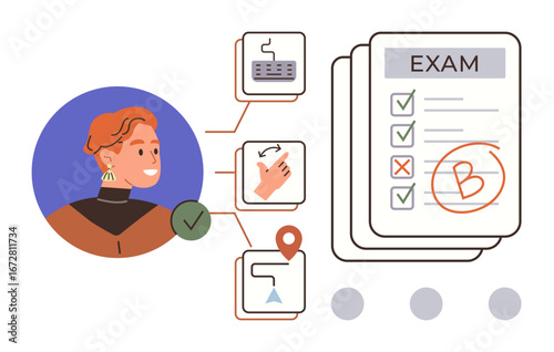 Student completing tasks with visual confirmation icons linked to a graded exam sheet marked B. Ideal for education, goal-setting, evaluation, productivity, learning, organization, simple flat
