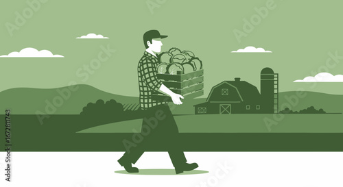 Farmer Carrying Harvested Produce Across Farm Land in Monochromatic Illustration