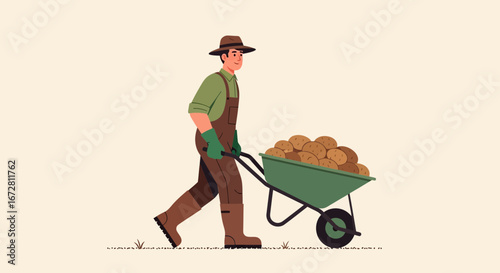 Farmer Carrying Potatoes In A Wheelbarrow:  Harvesting Bounty And Agricultural Labor