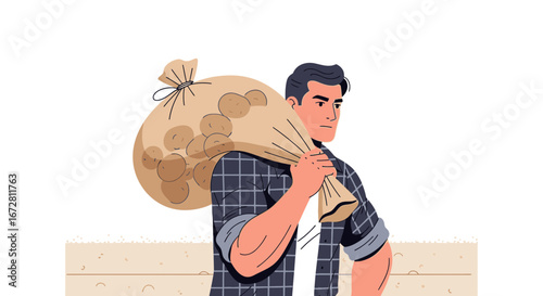 Farmer Carrying Potatoes: Harvesting Season Represents Hard Work And Fresh Food Abundance