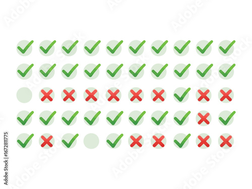 Check Marks and Crosses: A symmetrical pattern composed of green check marks and red crosses creates a visually engaging design suitable for graphic applications and symbolic representations. 