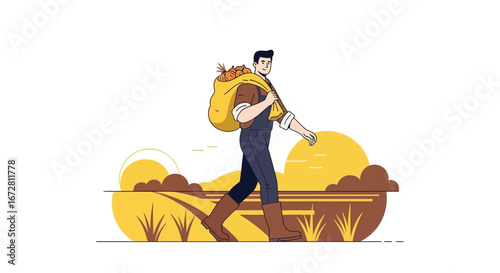 Farmer Carrying Harvested Produce After Hard Work During The Sunrise Hours Depicted