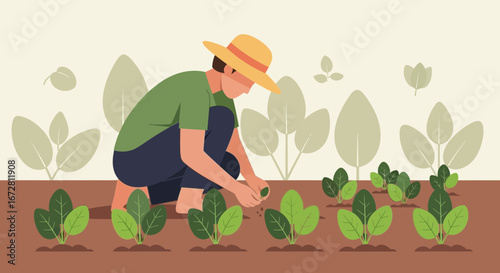 Farmer Cultivating Produce In Field With Sunlight Farming And Sustainable Cultivation