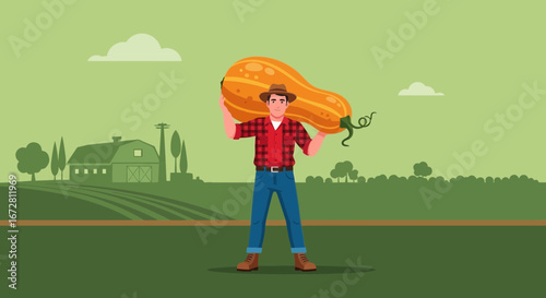 Farmer Displaying A Huge Pumpkin He Grew Proudly On His Farm Field Successfully