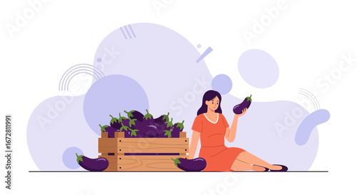Farmer Displaying Fresh Eggplants From A Wooden Crate With Charming Illustration