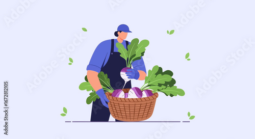 Farmer Displays Harvested Turnips in a Basket Against Soft Colors Background Illustration