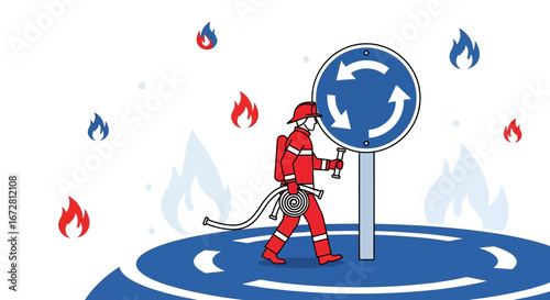 Firefighter Standing Beside a Roundabout Sign with Flames as Dangerous Concept.