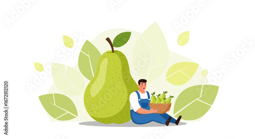 Farmer Displays Large Pear With Basket of Harvested Fruits, Farming Scene