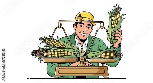 Farmer Examining Corn On Scale Depicting Harvest Valuation And Agriculture Productivity