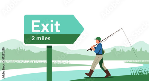 Fisherman Exiting The Wilderness Towards a Tranquil Landscape Near Blue Water With 2 Miles Sign