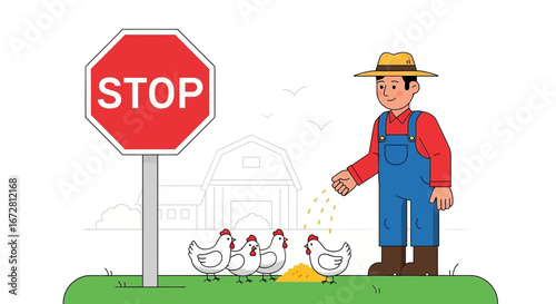 Farmer Feeding Chickens Near Stop Sign, Depicting Farm Life and Countryside Scene