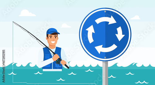 Fisherman Next To A Sign With Arrows Representing An Endless Cycle Metaphor
