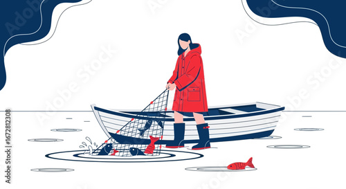 Fishing Boat And Fisherman Pulling A Net Full Of Fish For A Successful Catch