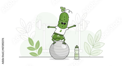 Fit Cucumber Balancing Skillfully on Exercise Ball with Happy Posture and Smiling Face Design