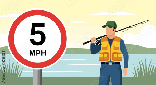 Fishing Activities Near Scenic Lake, A Speed Limit Sign of 5mph, Sign Symbolizing Safety and