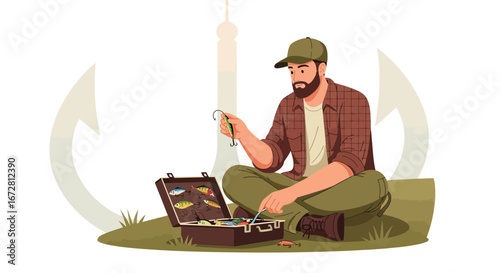 Fishing Enthusiast Preparing Tackle, Enjoying Outdoor Leisure Activity, Vector Illustration