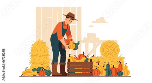 Farmer Harvesting Colorful Pumpkins in Barn for the Autumn Celebration Season