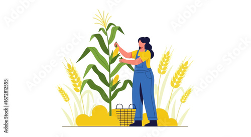Farmer Harvesting Corn With Wheat Plants In Agricultural Field, Farm Life Illustration