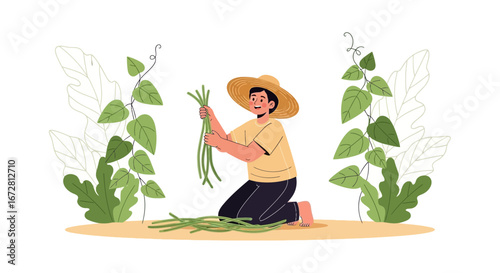 Farmer Harvesting Fresh Field Greens with Natural Vegetation in a Vibrant Illustration
