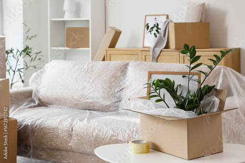 Table with cardboard box an...