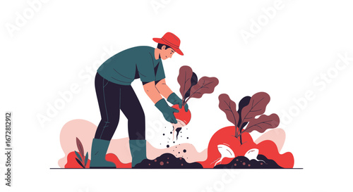 Farmer Harvesting Fresh Root Vegetables From The Earth in Colorful Animated Illustration