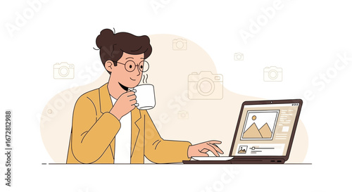 Freelance Photographer Working from Home with Coffee Enjoying Creative Content Editing