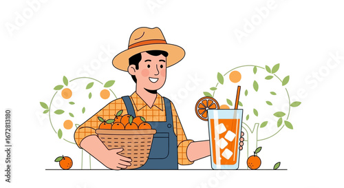 Farmer Harvesting Oranges And Presenting Freshly Squeezed Juice For Refreshment