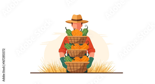 Farmer Harvesting Pumpkins and Gourds in Wicker Baskets for a Bountiful Yield