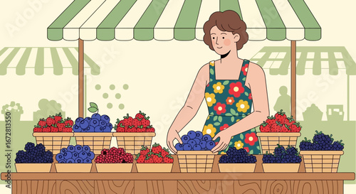 Fresh Berries Market Scene: Vendor Arranging Fruit Baskets Under the Shop Awning