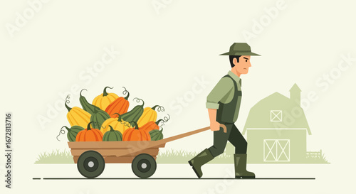 Farmer Hauling Abundant Harvest Of Gourds With Autumnal Tones Towards Barn