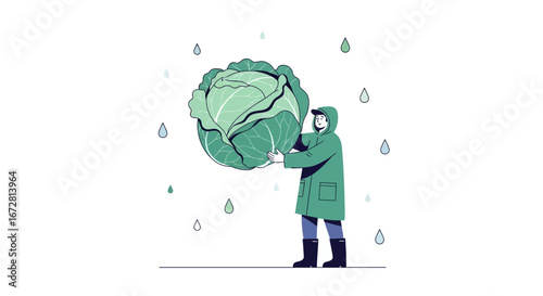 Farmer Holding Colossal Cabbage in the Rain, an Artistic and Unique Illustration