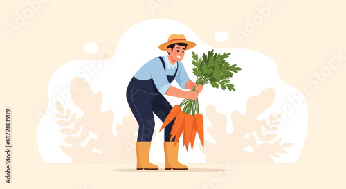 Farmer Holding Fresh Carrots, Celebrating Harvest, Illustrative Rural Scene of Organic Produce