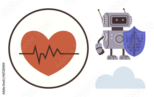 Heartbeat monitor next to a robot holding a shield with binary code. Cloud represents AI-driven healthcare, digital security, robotics, innovation, data protection, and health tracking. Ideal