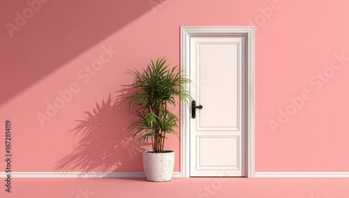 Interior shot with a white door in a pink room, potted plant casting shadow