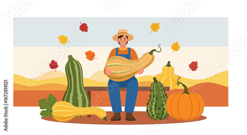 Farmer Holding Harvested Gourds Amidst Autumnal Foliage and Festive Pumpkins